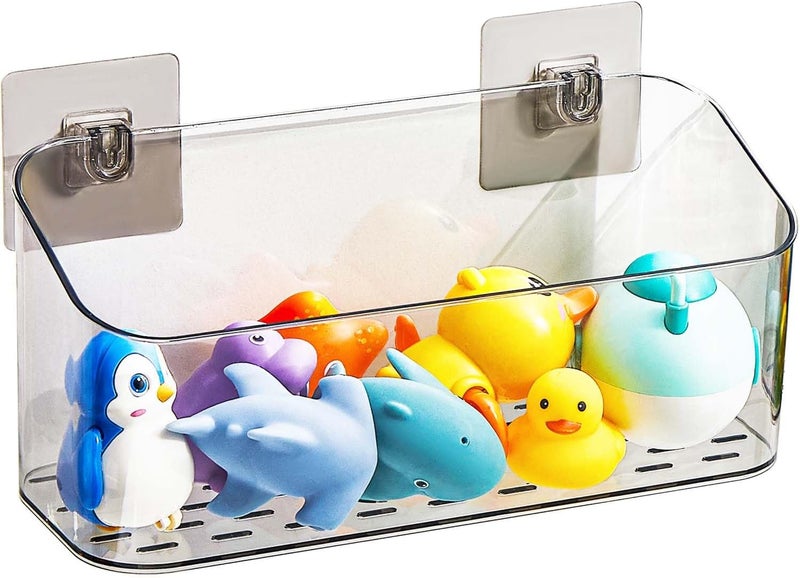Eunion Bath Toy Storage Organizer, Adhesive Shower Caddy Shower Organizer, Bathtub Toy Holder, Large Capacity Wall Mounted Holder No Drill Shelves Rack, Clear Black - Image 1